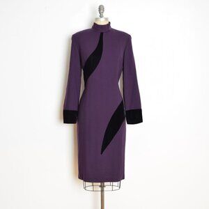 vintage 80s dress BILL BLASS plum wool black velvet high neck long sleeve L